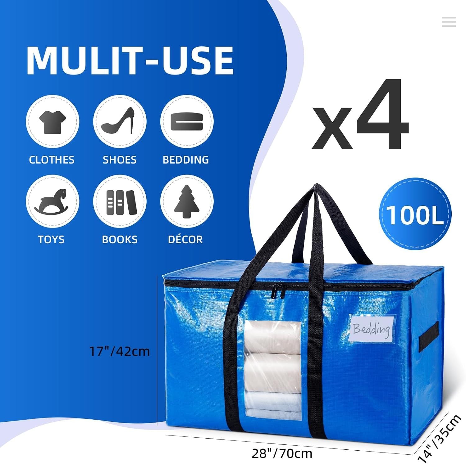 4 Pack Extra Large Moving Bags, Storage Bags with Visible Window, 93L Heavy-Duty Totes For Storage, Wrap Around Handles, Blue