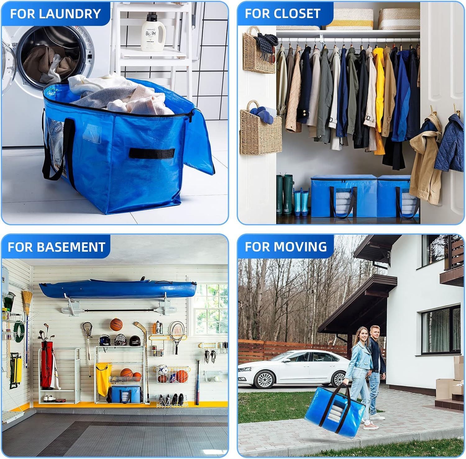 4 Pack Extra Large Moving Bags, Storage Bags with Visible Window, 93L Heavy-Duty Totes For Storage, Wrap Around Handles, Blue