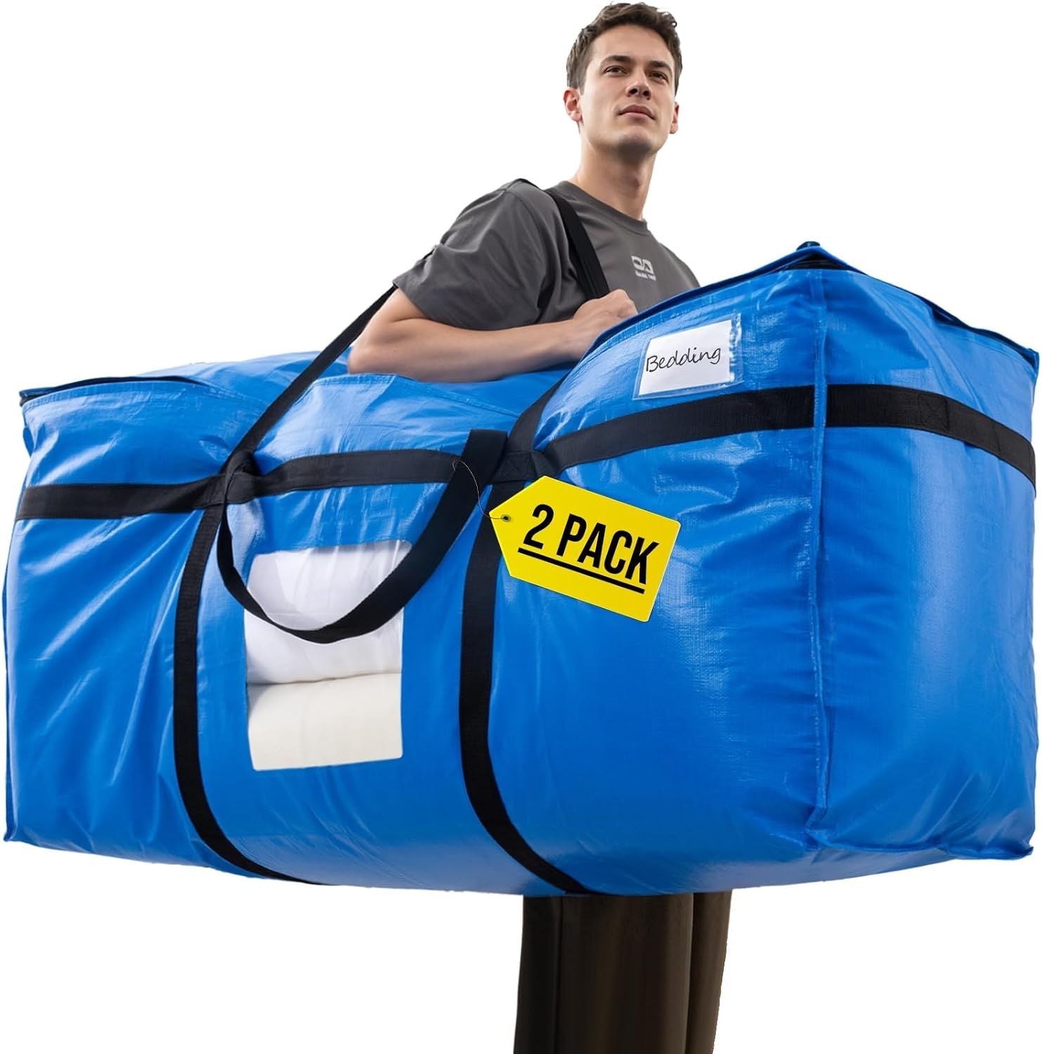 2 Pack 261 L Extra Large Storage Bags with Visible Window, XXL Heavy-Duty Moving Bags For Storage, Wrap Around Handles, Blue