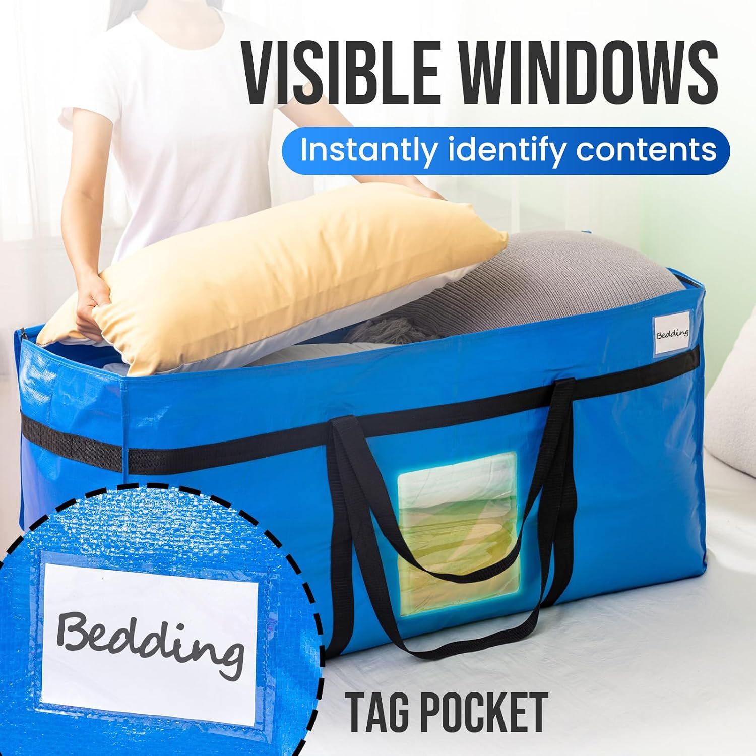 2 Pack 261 L Extra Large Storage Bags with Visible Window, XXL Heavy-Duty Moving Bags For Storage, Wrap Around Handles, Blue
