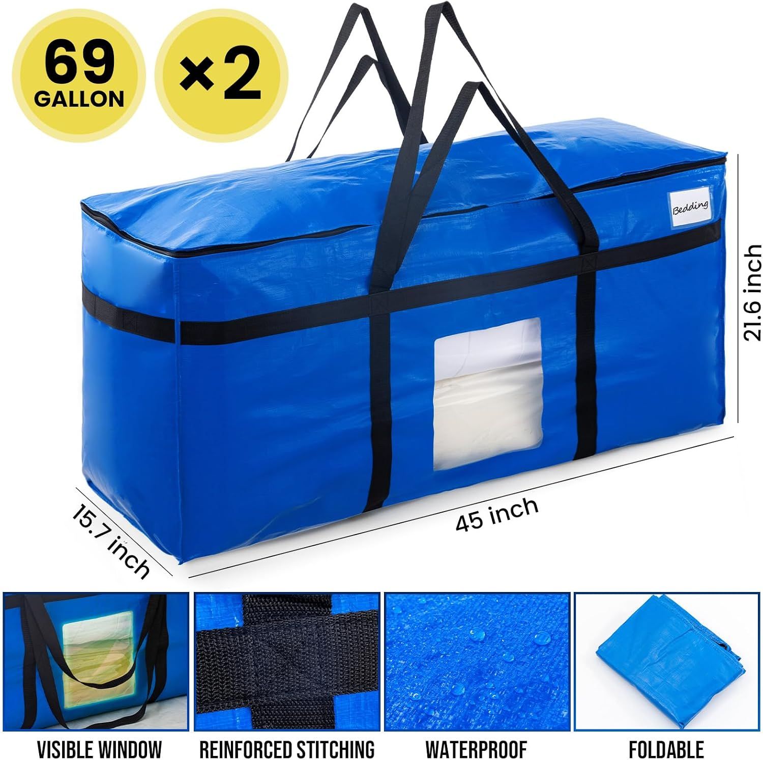 2 Pack 261 L Extra Large Storage Bags with Visible Window, XXL Heavy-Duty Moving Bags For Storage, Wrap Around Handles, Blue