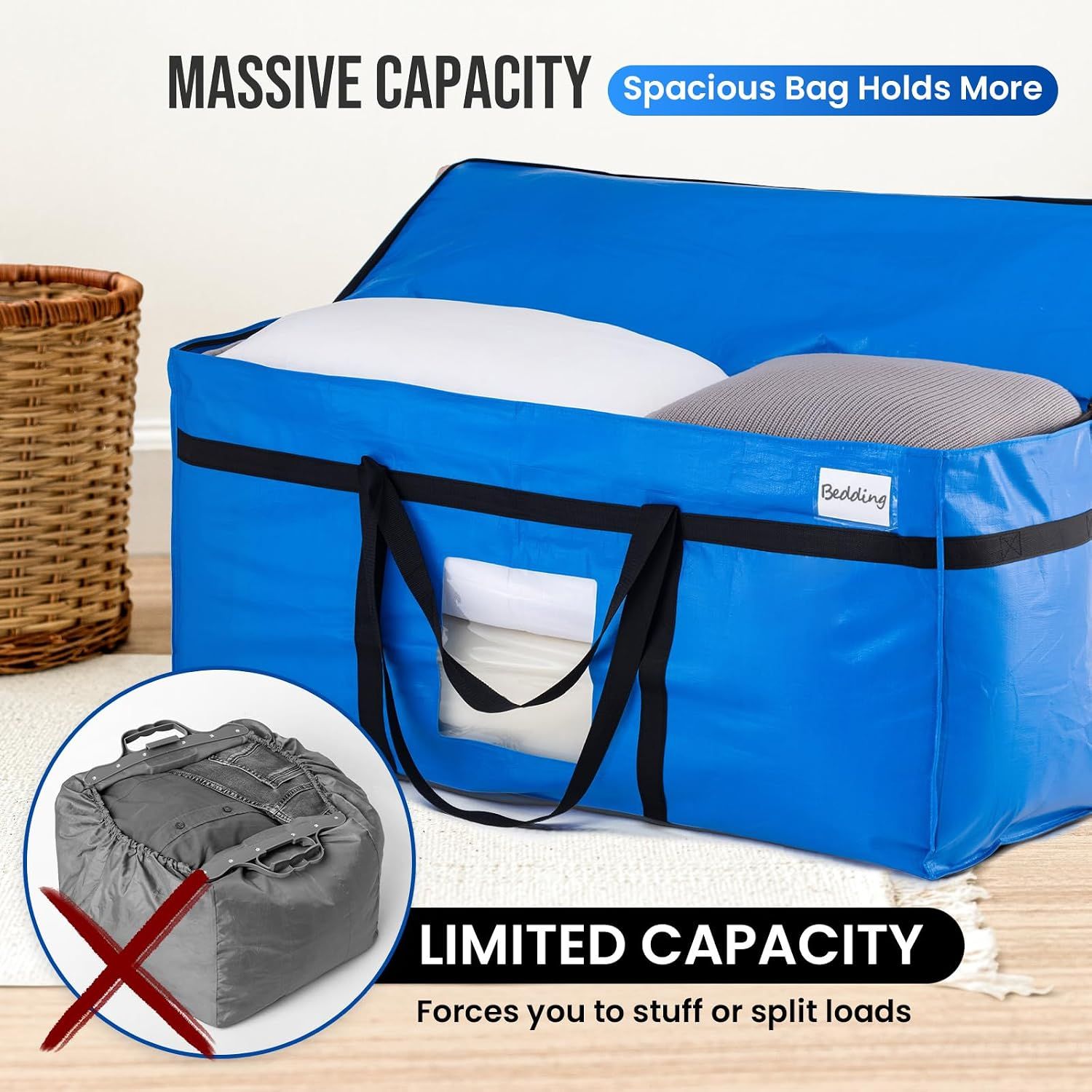 2 Pack 261 L Extra Large Storage Bags with Visible Window, XXL Heavy-Duty Moving Bags For Storage, Wrap Around Handles, Blue