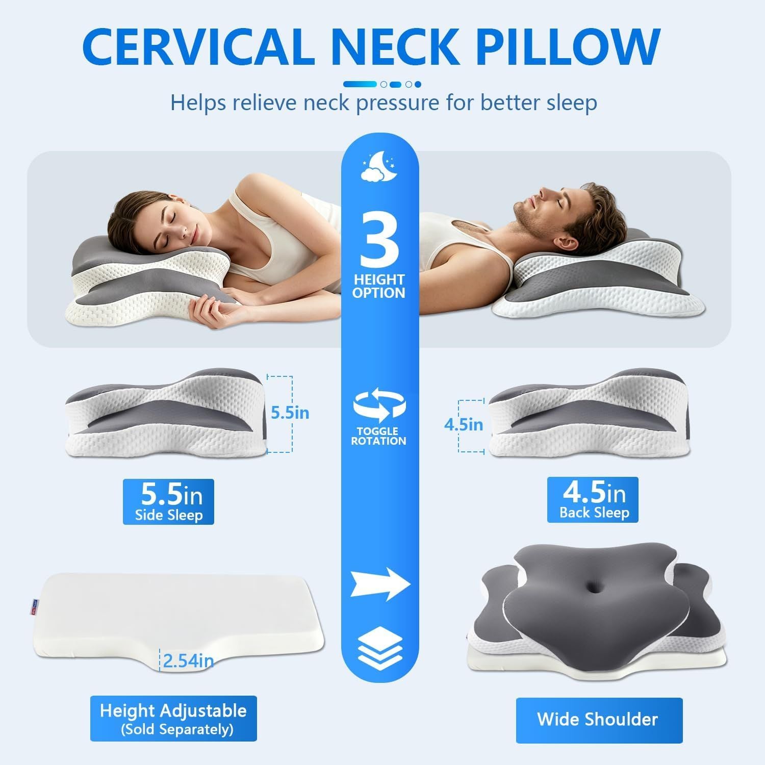 Ergonomic Cervical Neck Support Pillow, Memory Foam Contour Bed Pillow for Side Sleepers and Neck Comfort, Standard Size, Grey