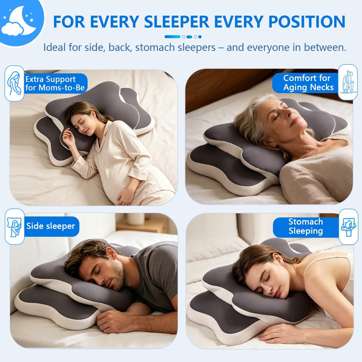 Ergonomic Cervical Neck Support Pillow, Memory Foam Contour Bed Pillow for Side Sleepers and Neck Comfort, Standard Size, Grey