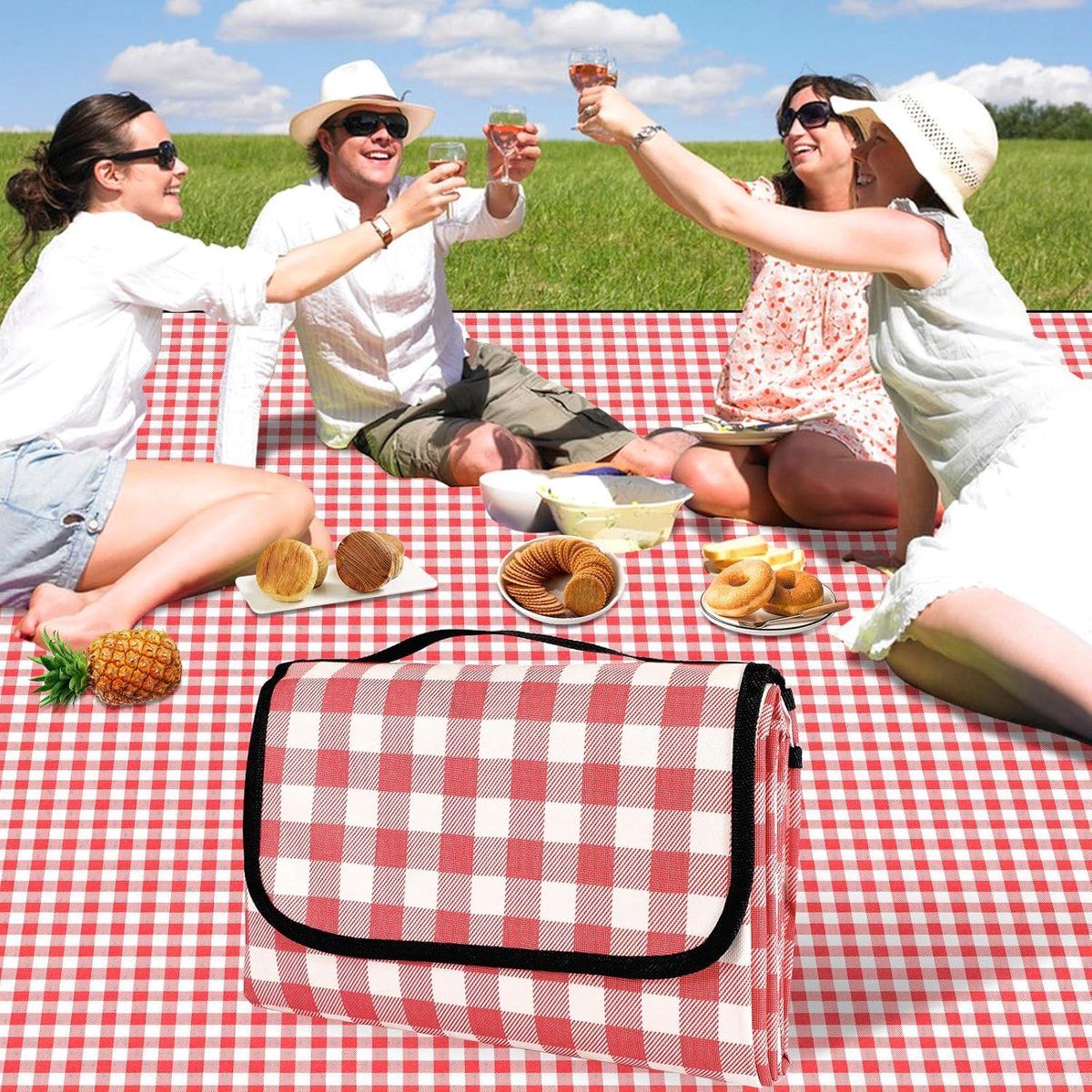 Large Waterproof Picnic Blanket 200 x 200 cm, Red Checkered Foldable Soft Portable Outdoor Rug for Camping, Beach, Park & Backyard BBQ