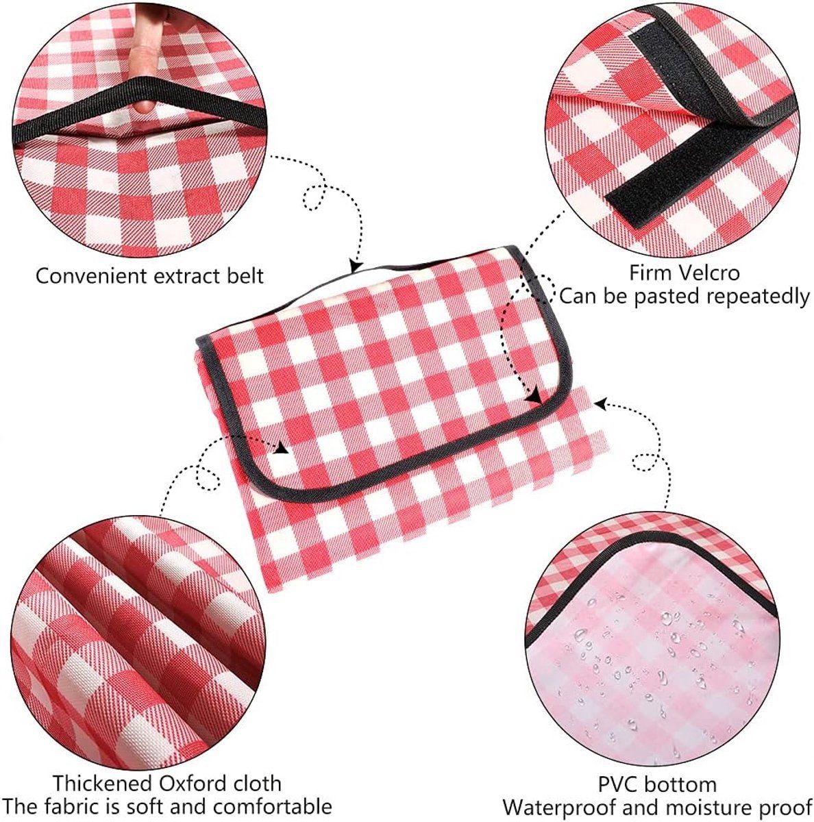 Large Waterproof Picnic Blanket 200 x 200 cm, Red Checkered Foldable Soft Portable Outdoor Rug for Camping, Beach, Park & Backyard BBQ