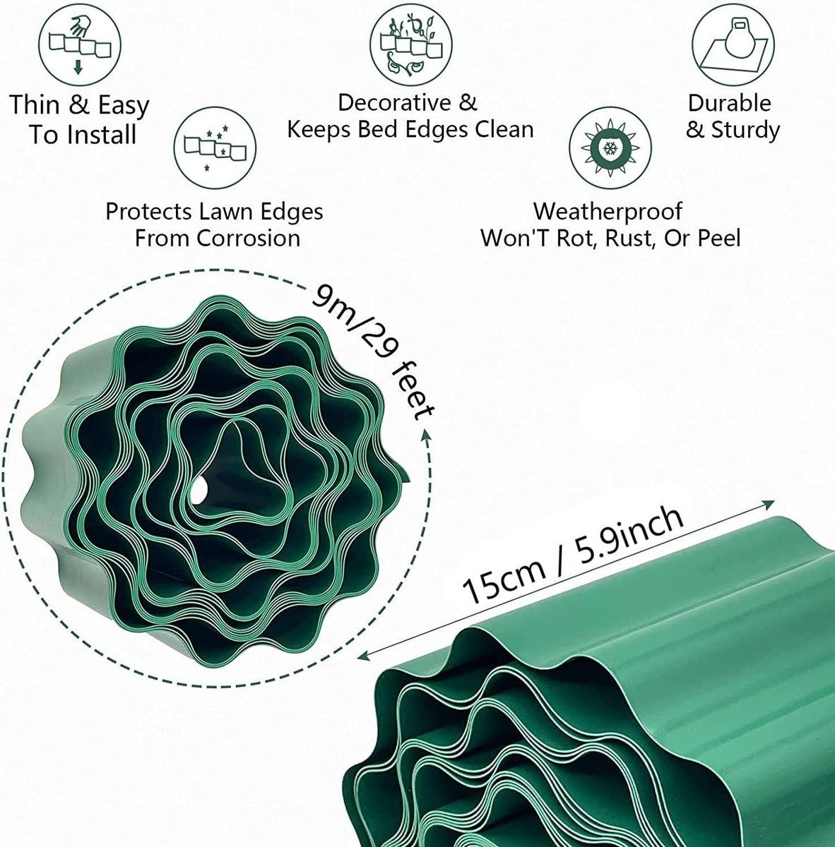 Plastic Garden Edging, Flexible Lawn Border Fence for Garden Boundaries, Flowerbeds and DIY Landscape Projects, Green, 9 m x 15 cm