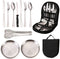 10 Pieces Stainless Steel Camping Cutlery Set with Forks, Spoons, Knives, Plates, Clip and Storage Bag for Outdoor Travel, Hiking and Picnics