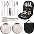 10 Pieces Stainless Steel Camping Cutlery Set with Forks, Spoons, Knives, Plates, Clip and Storage Bag for Outdoor Travel, Hiking and Picnics