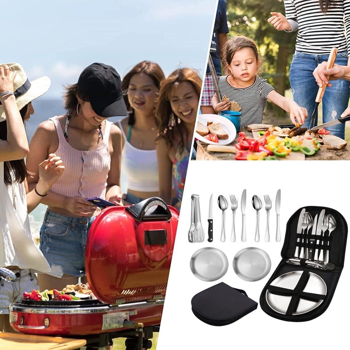 10 Pieces Stainless Steel Camping Cutlery Set with Forks, Spoons, Knives, Plates, Clip and Storage Bag for Outdoor Travel, Hiking and Picnics