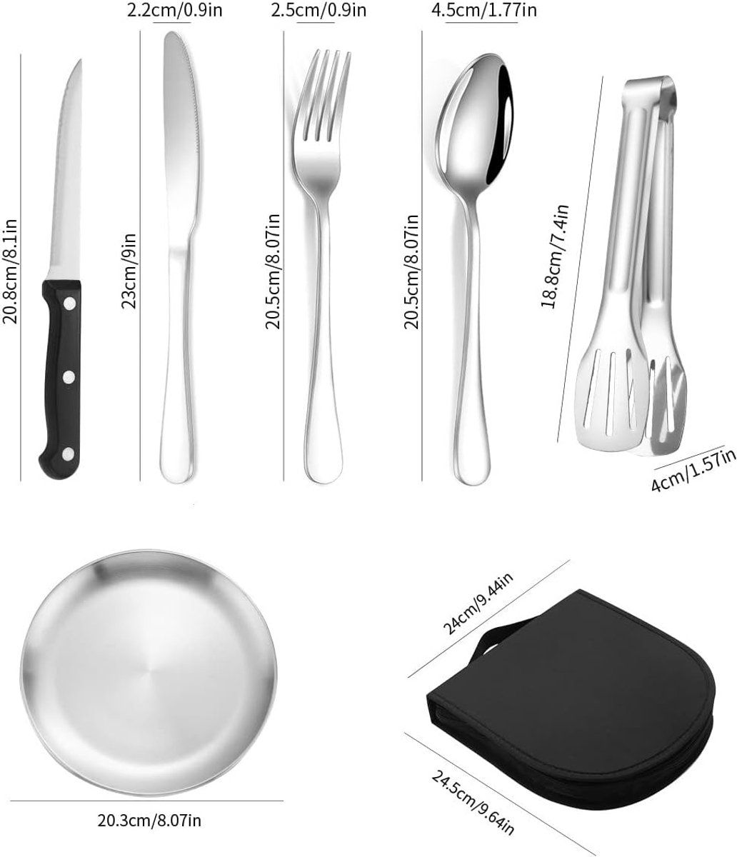 10 Pieces Stainless Steel Camping Cutlery Set with Forks, Spoons, Knives, Plates, Clip and Storage Bag for Outdoor Travel, Hiking and Picnics