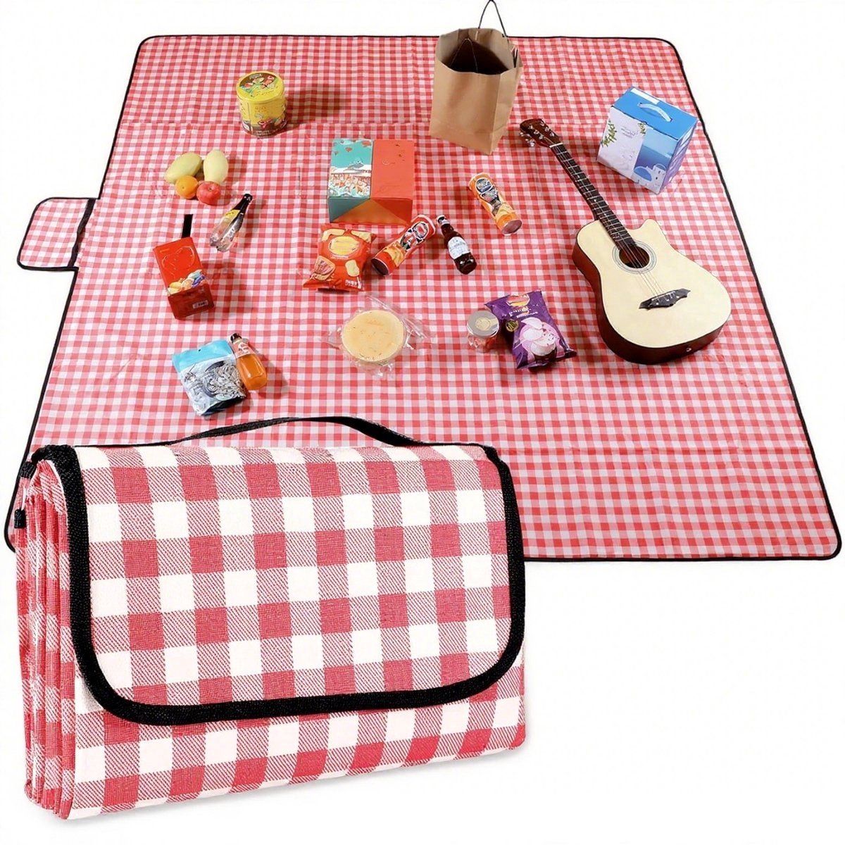 Picnic Blanket, Waterproof, Beach Blanket, Picnic Mat, Lightweight with Handle, Red Checked, Traveling, Outdoor Camping, Park