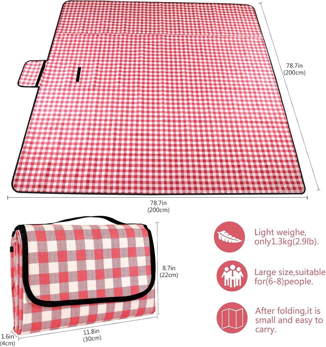 Picnic Blanket, Waterproof, Beach Blanket, Picnic Mat, Lightweight with Handle, Red Checked, Traveling, Outdoor Camping, Park