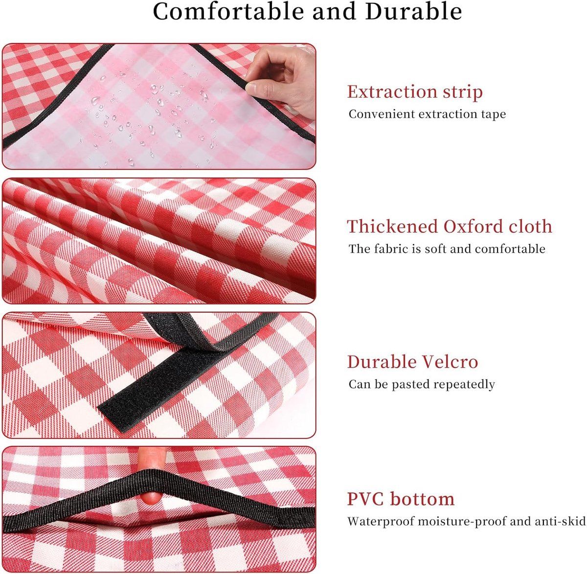 Picnic Blanket, Waterproof, Beach Blanket, Picnic Mat, Lightweight with Handle, Red Checked, Traveling, Outdoor Camping, Park