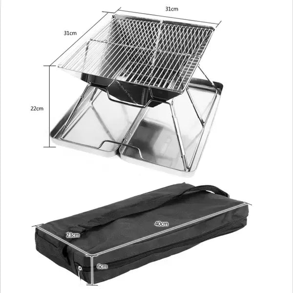Foldable Stainless Steel Charcoal BBQ Grill with Carry Handle for Camping, Picnics, Beach Trips and Outdoor Cooking, 31 x 31 x 22 cm, Silver