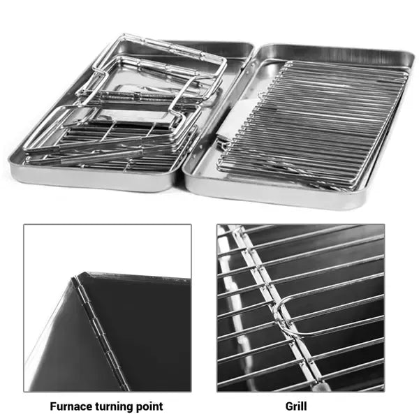 Foldable Stainless Steel Charcoal BBQ Grill with Carry Handle for Camping, Picnics, Beach Trips and Outdoor Cooking, 31 x 31 x 22 cm, Silver