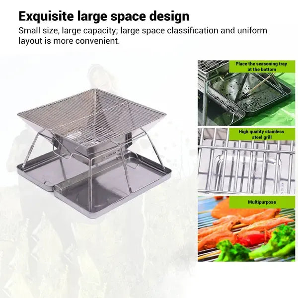 Foldable Stainless Steel Charcoal BBQ Grill with Carry Handle for Camping, Picnics, Beach Trips and Outdoor Cooking, 31 x 31 x 22 cm, Silver
