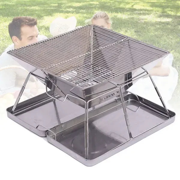Foldable Stainless Steel Charcoal BBQ Grill with Carry Handle for Camping, Picnics, Beach Trips and Outdoor Cooking, 31 x 31 x 22 cm, Silver
