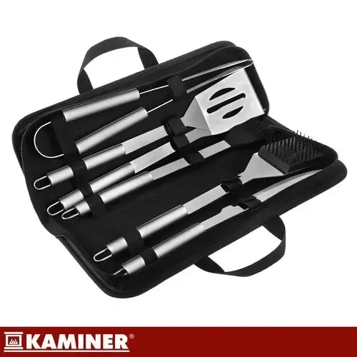 6-Piece Stainless Steel BBQ Tool Set with Carry Case, LFGB Certified, Black