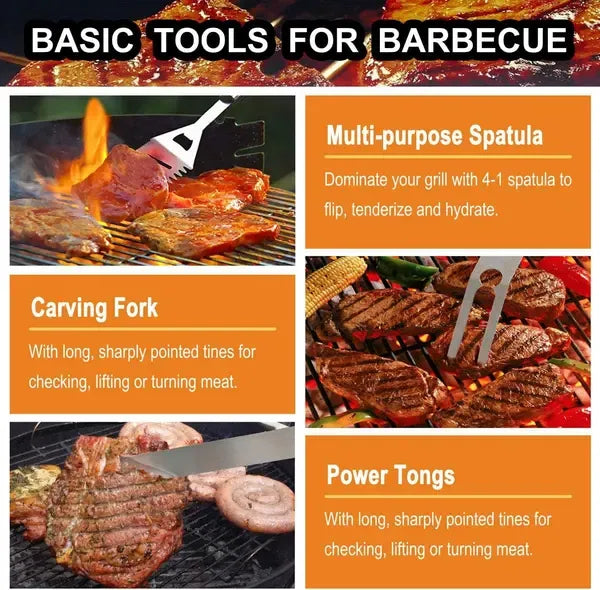 20 Piece Stainless Steel BBQ Grill Tool Set with Spatula, Tongs, Fork and Aluminium Case for Camping, Picnics and Outdoor Cooking