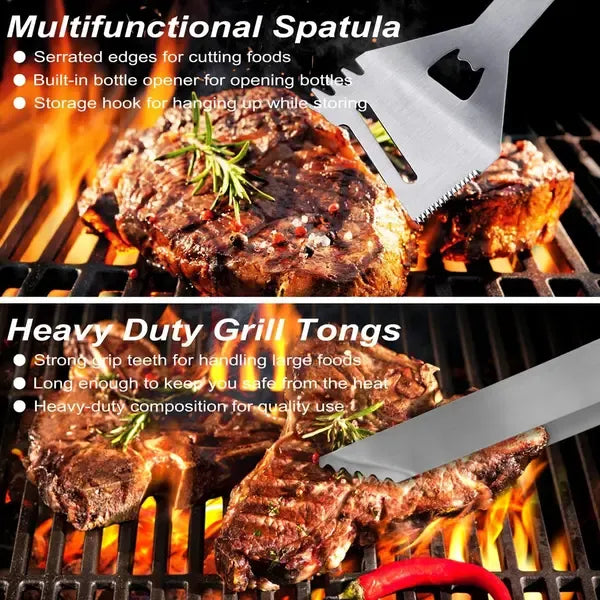 29 Piece Stainless Steel BBQ Grill Tool Set with Storage Case for Camping, Picnics, Outdoor Barbecue and Home Grilling