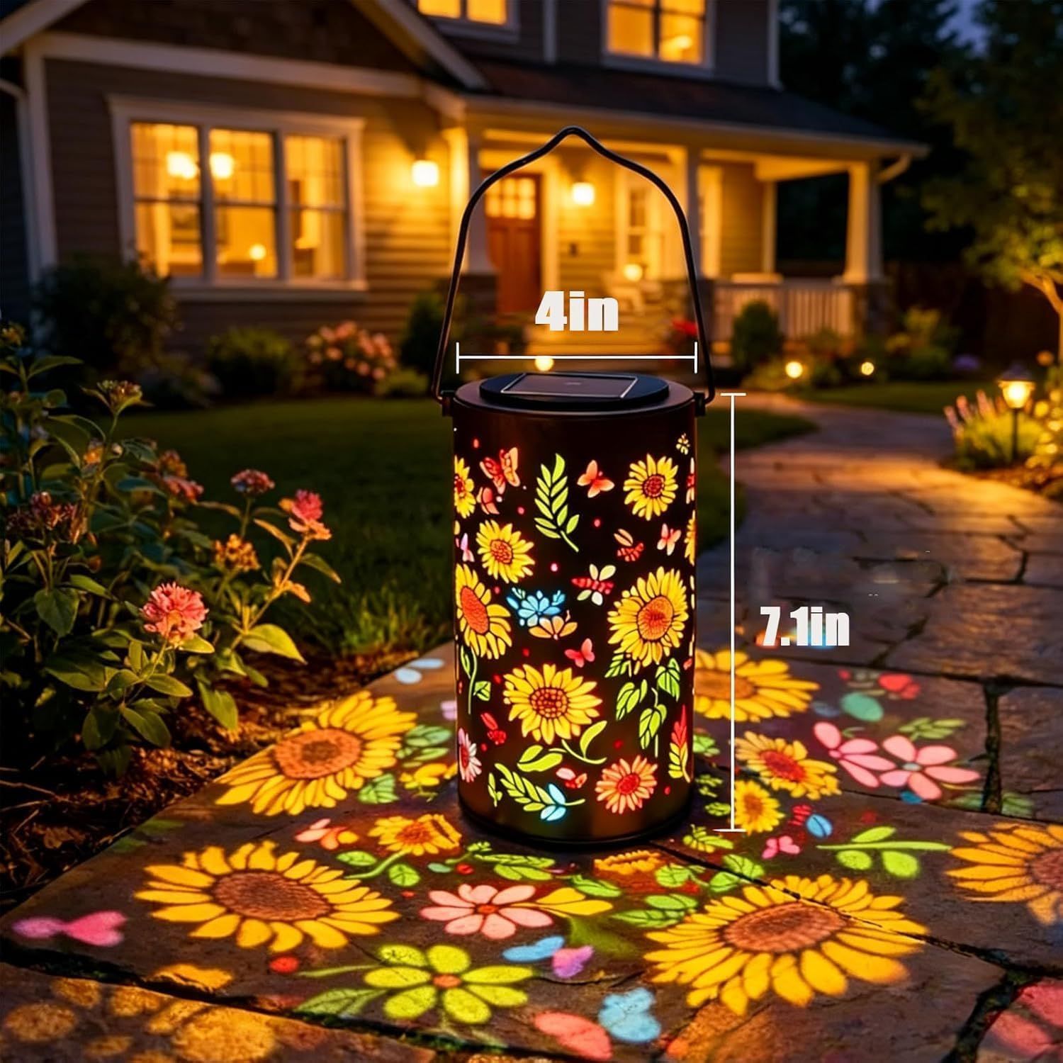 Solar Powered Sunflower Pattern Garden Lantern with Colourful LED Projection, Metal Hanging Light for Patios, Paths and Outdoor Decor