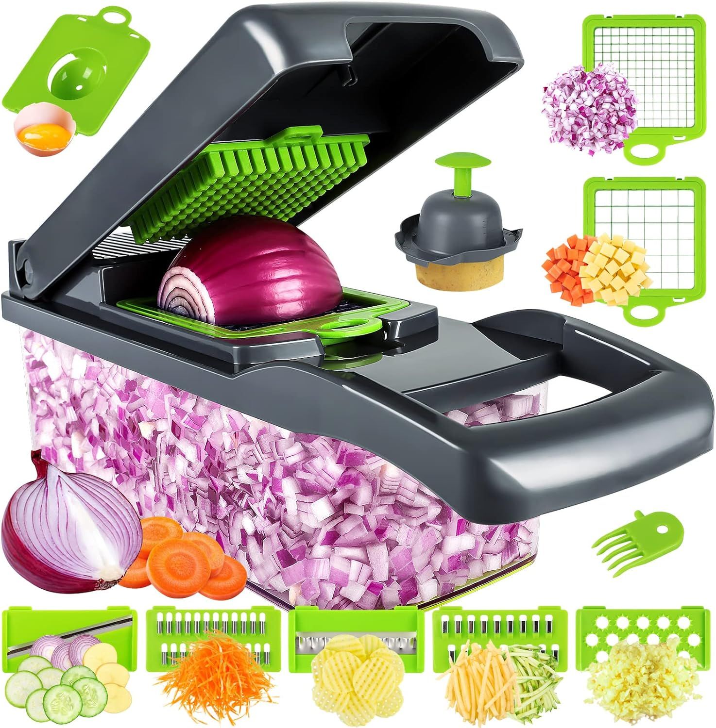 13-in-1 Vegetable Chopper with 8 Interchangeable Stainless Steel Blades and Storage Box for Slicing, Dicing, Grating and Chopping