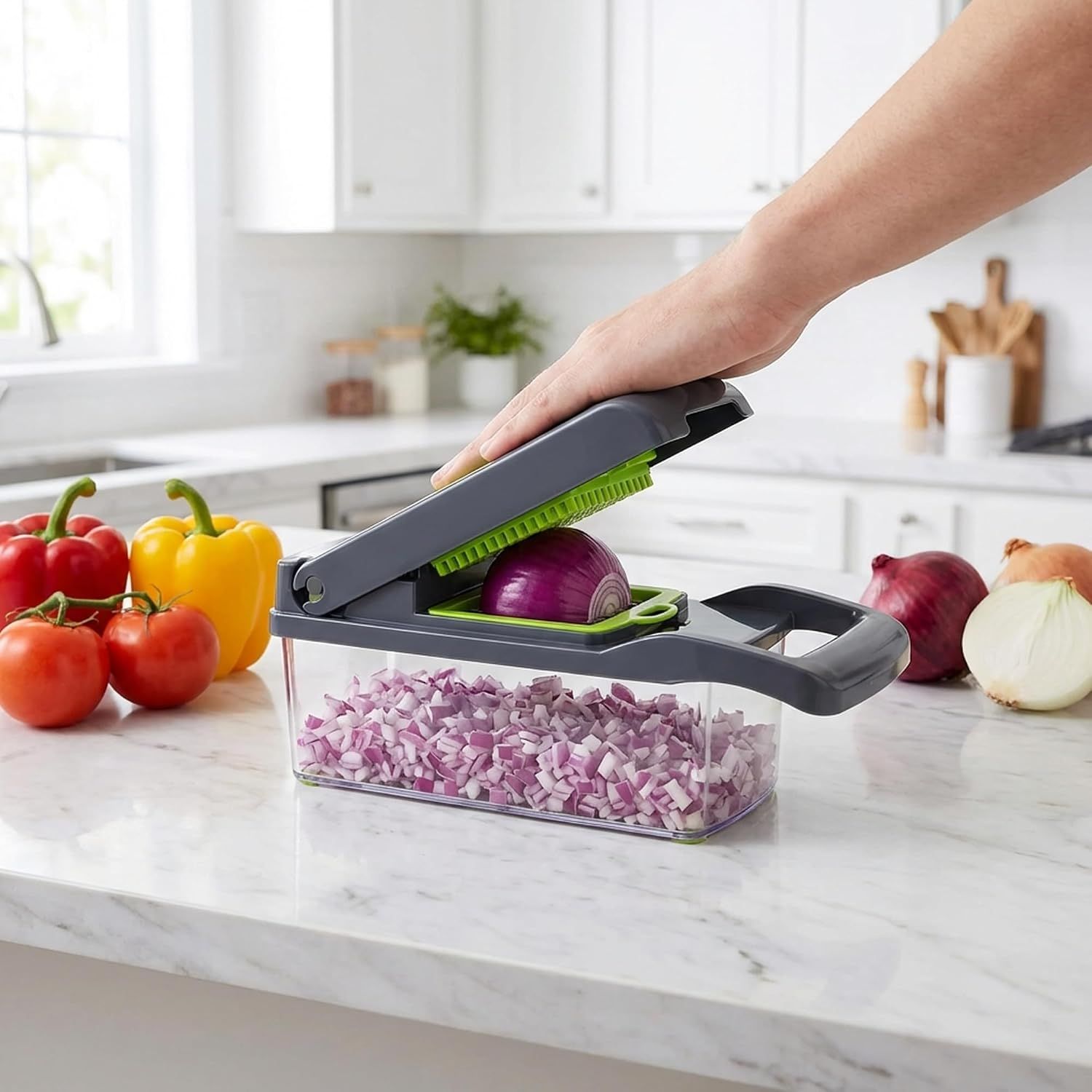 13-in-1 Vegetable Chopper with 8 Interchangeable Stainless Steel Blades and Storage Box for Slicing, Dicing, Grating and Chopping