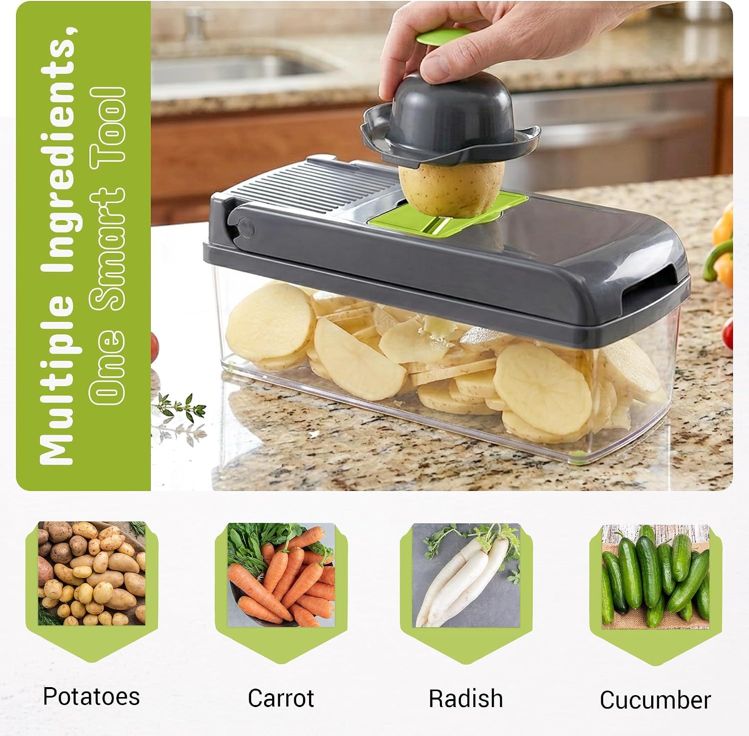 13-in-1 Vegetable Chopper with 8 Interchangeable Stainless Steel Blades and Storage Box for Slicing, Dicing, Grating and Chopping