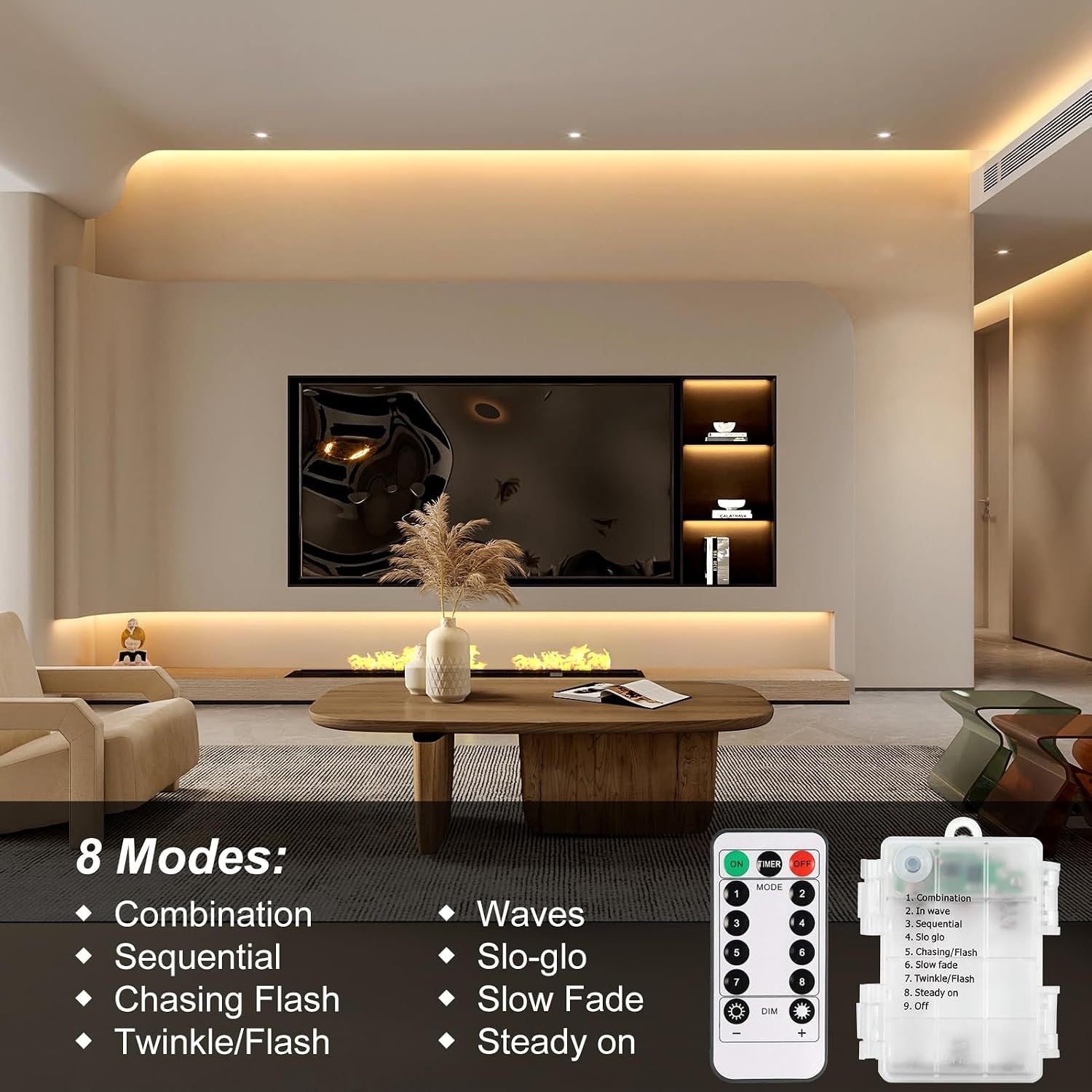 Battery Operated Warm White LED Strip Lights with Remote Control, 8 Modes, Dimmable Timer and Cuttable Self-Adhesive Backing