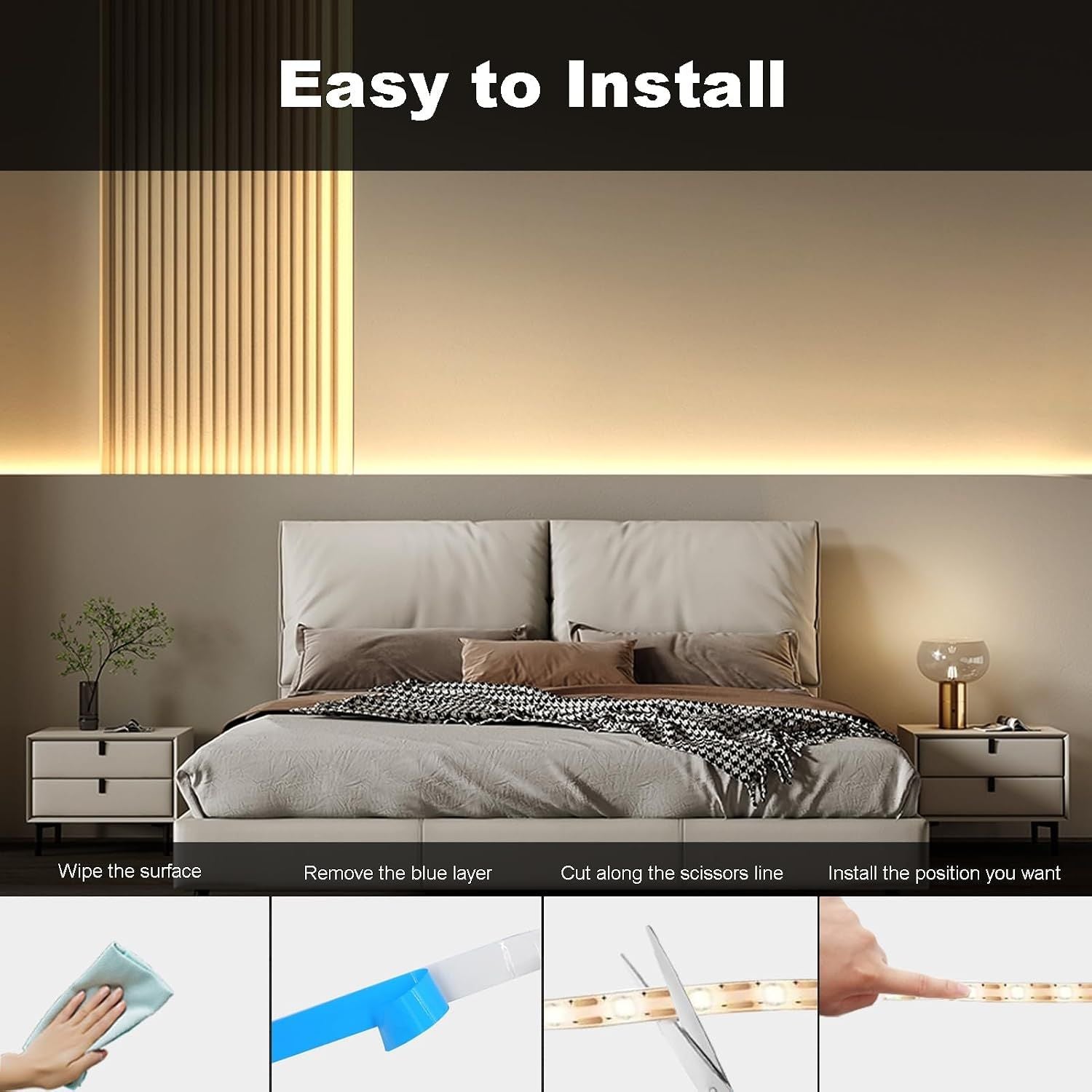Battery Operated Warm White LED Strip Lights with Remote Control, 8 Modes, Dimmable Timer and Cuttable Self-Adhesive Backing
