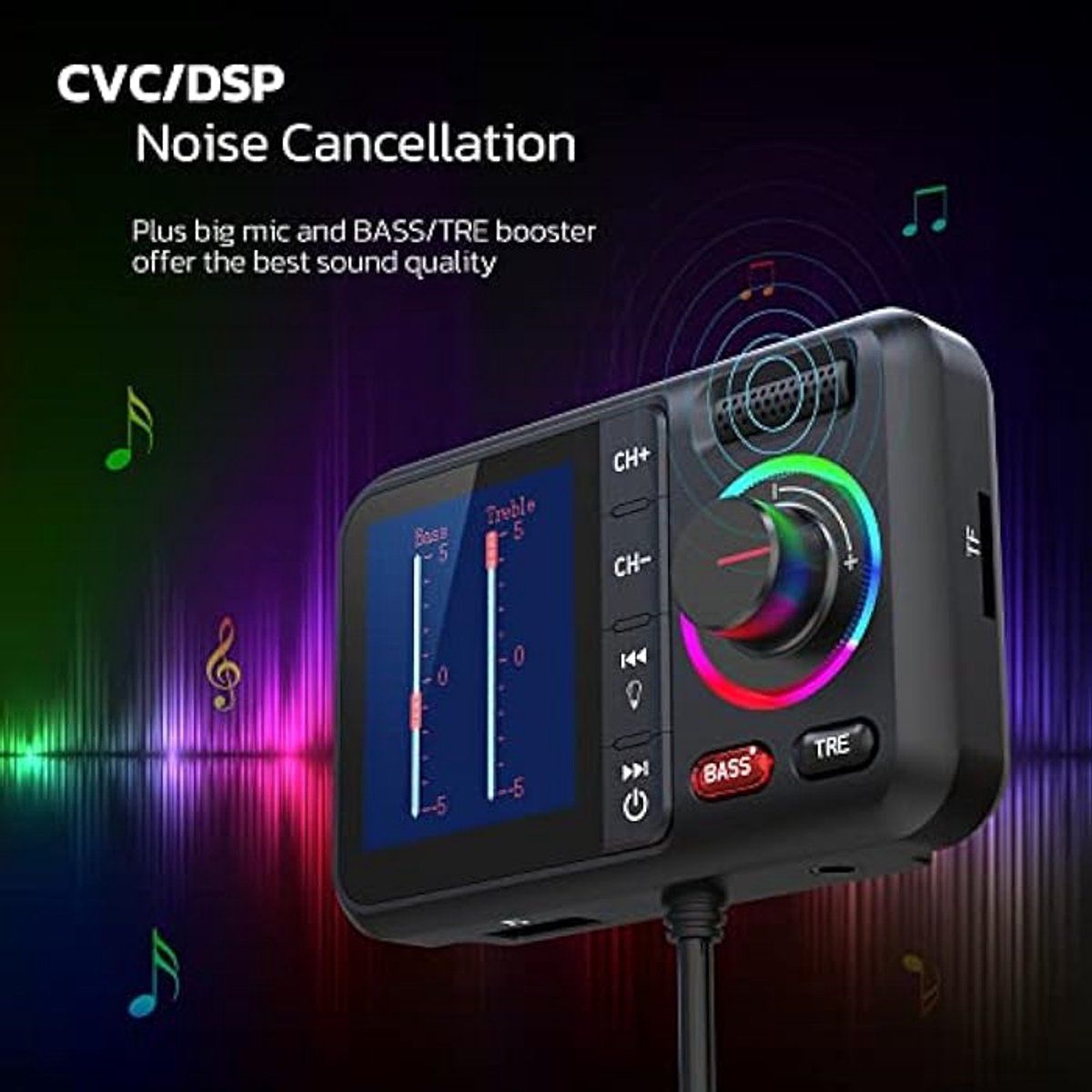 Bluetooth adapter for car use with FM transmitter, Bluetooth V5.0, large screen, supports hands-free calling, Siri and Google, Black