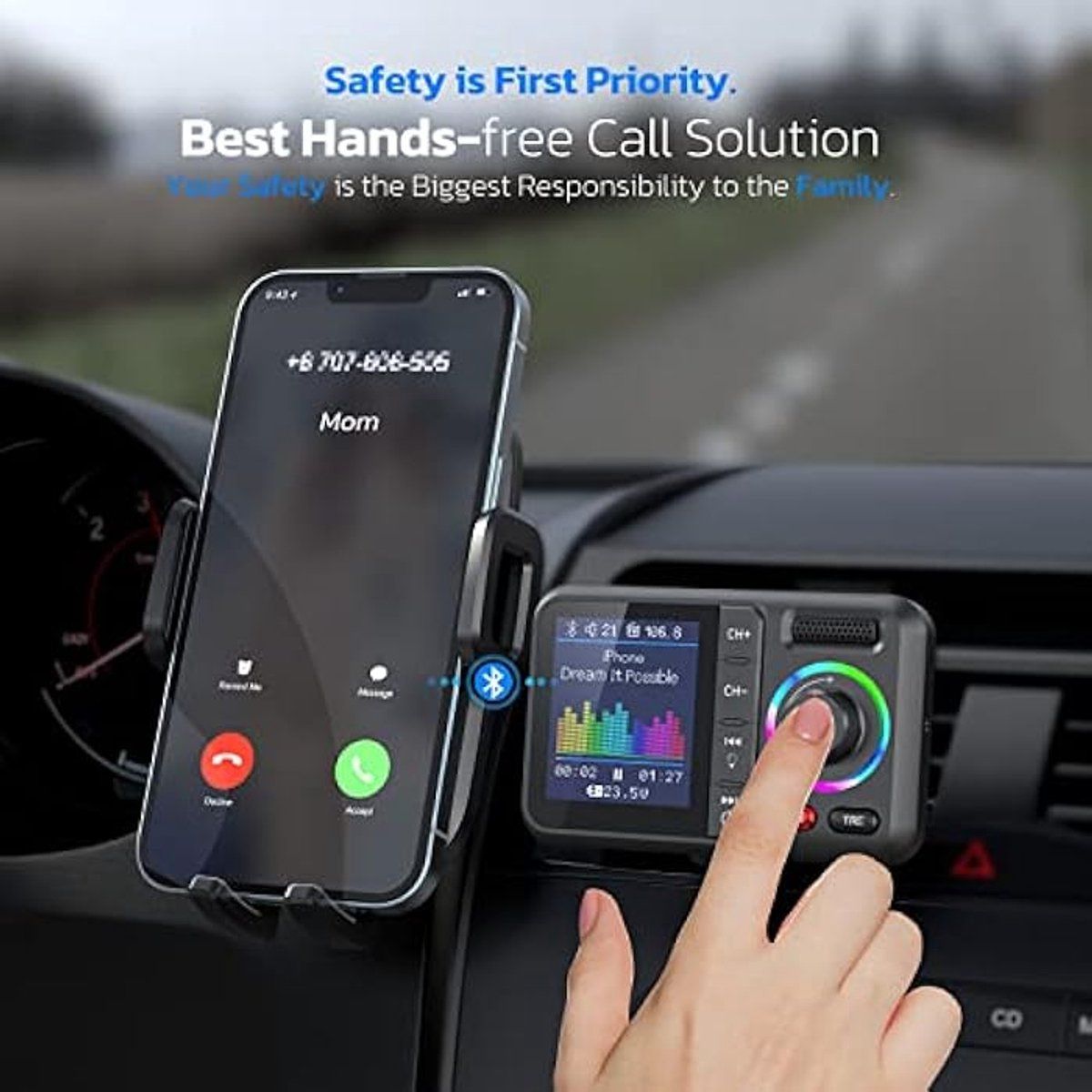 Bluetooth adapter for car use with FM transmitter, Bluetooth V5.0, large screen, supports hands-free calling, Siri and Google, Black