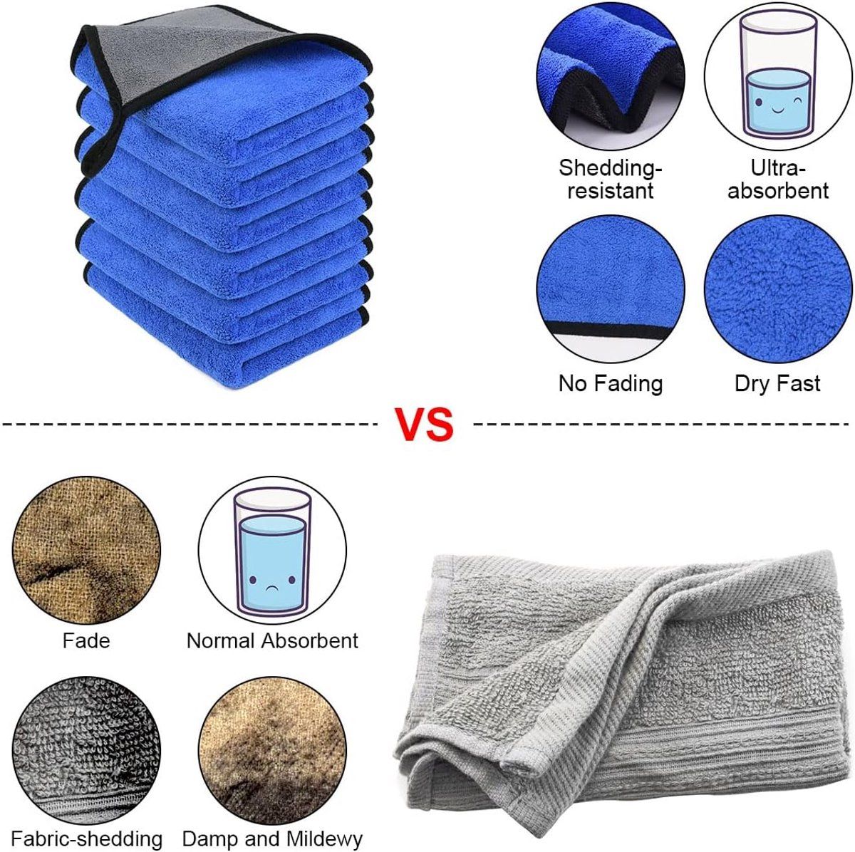 6 Pieces Microfiber Car Cleaning Cloths, Super Absorbent Two-Tone Wash Towels for Cars, Kitchens and Windows, Blue Grey, 30 x 40 cm