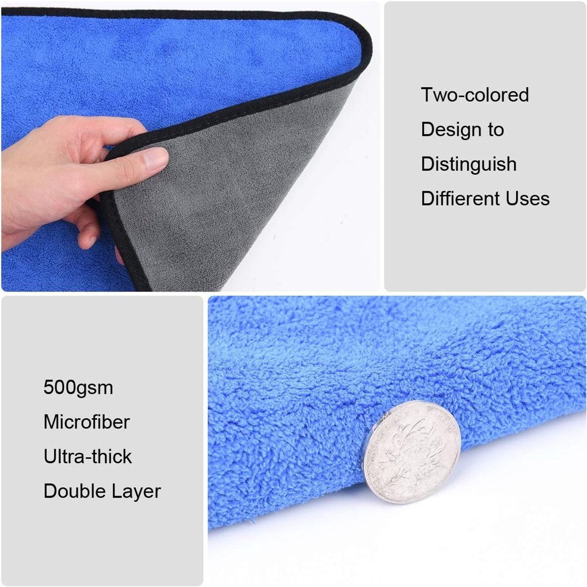 6 Pieces Microfiber Car Cleaning Cloths, Super Absorbent Two-Tone Wash Towels for Cars, Kitchens and Windows, Blue Grey, 30 x 40 cm