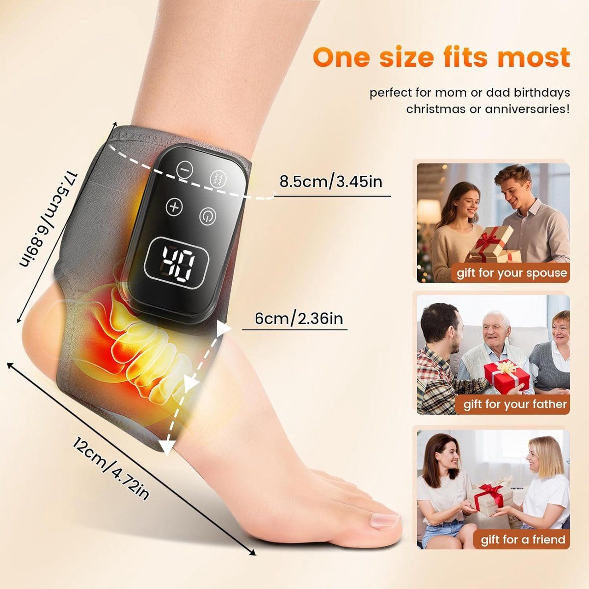 Wireless Foot Massager, Heated Ankle and Heel Wrap with Sole Massage, Adjustable Warm Therapy for Home Use, 3 Settings, 5 Heat Levels, Grey