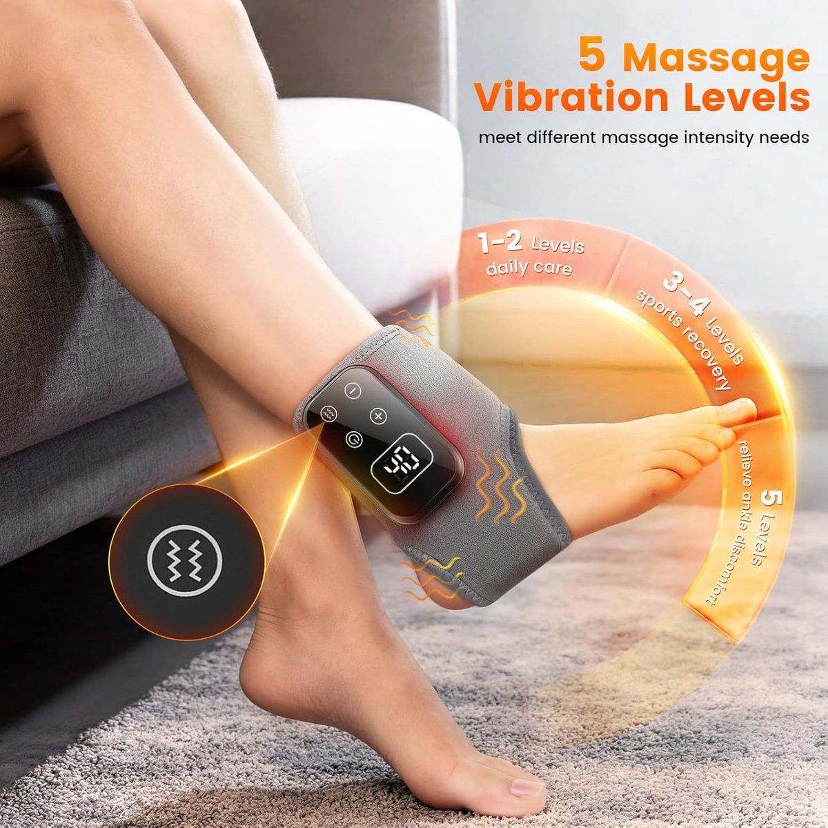 Wireless Foot Massager, Heated Ankle and Heel Wrap with Sole Massage, Adjustable Warm Therapy for Home Use, 3 Settings, 5 Heat Levels, Grey