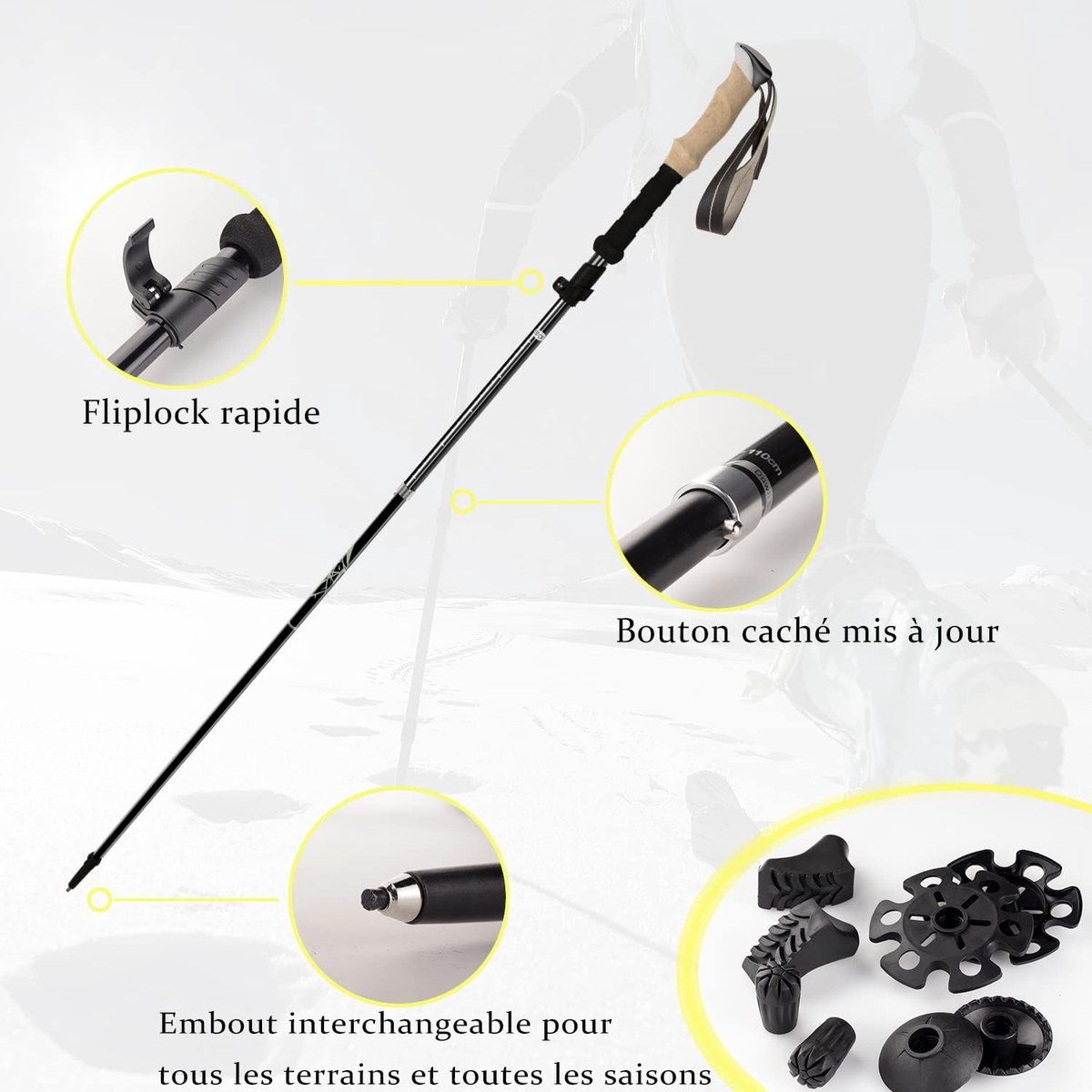 Mountaineering Walking Poles, Adjustable Trekking Poles with Anti-Shock Function, Ultralight & Compact, Foldable with Storage Bag and Accessories