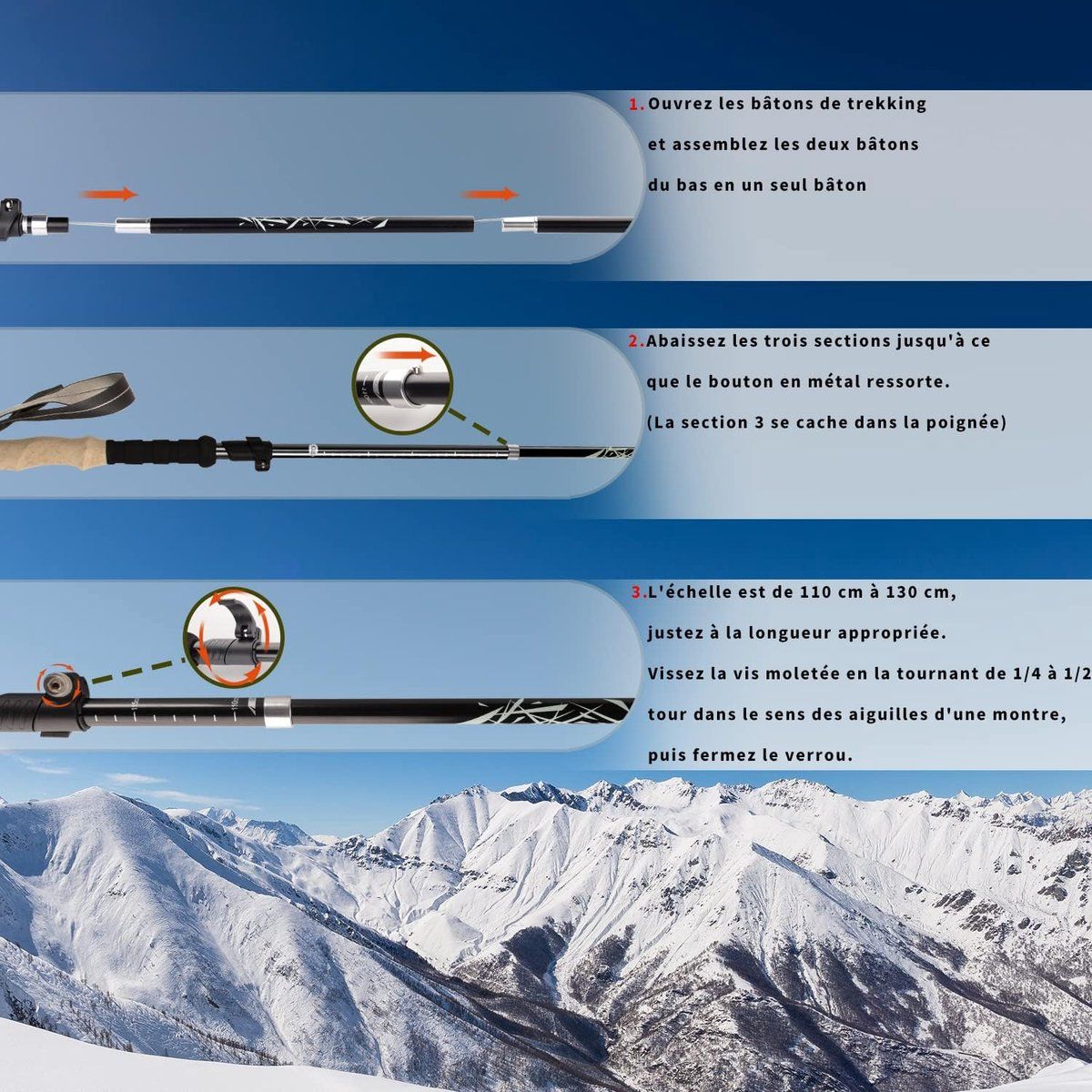 Mountaineering Walking Poles, Adjustable Trekking Poles with Anti-Shock Function, Ultralight & Compact, Foldable with Storage Bag and Accessories