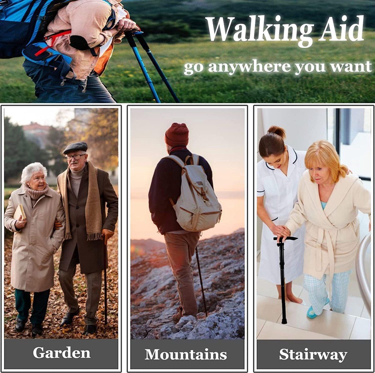 Crutch, Walking stick for the elderly, Adjustable and foldable, Walking stick, Nordic style, for Home, Travel and Daily Use, 84-93 cm