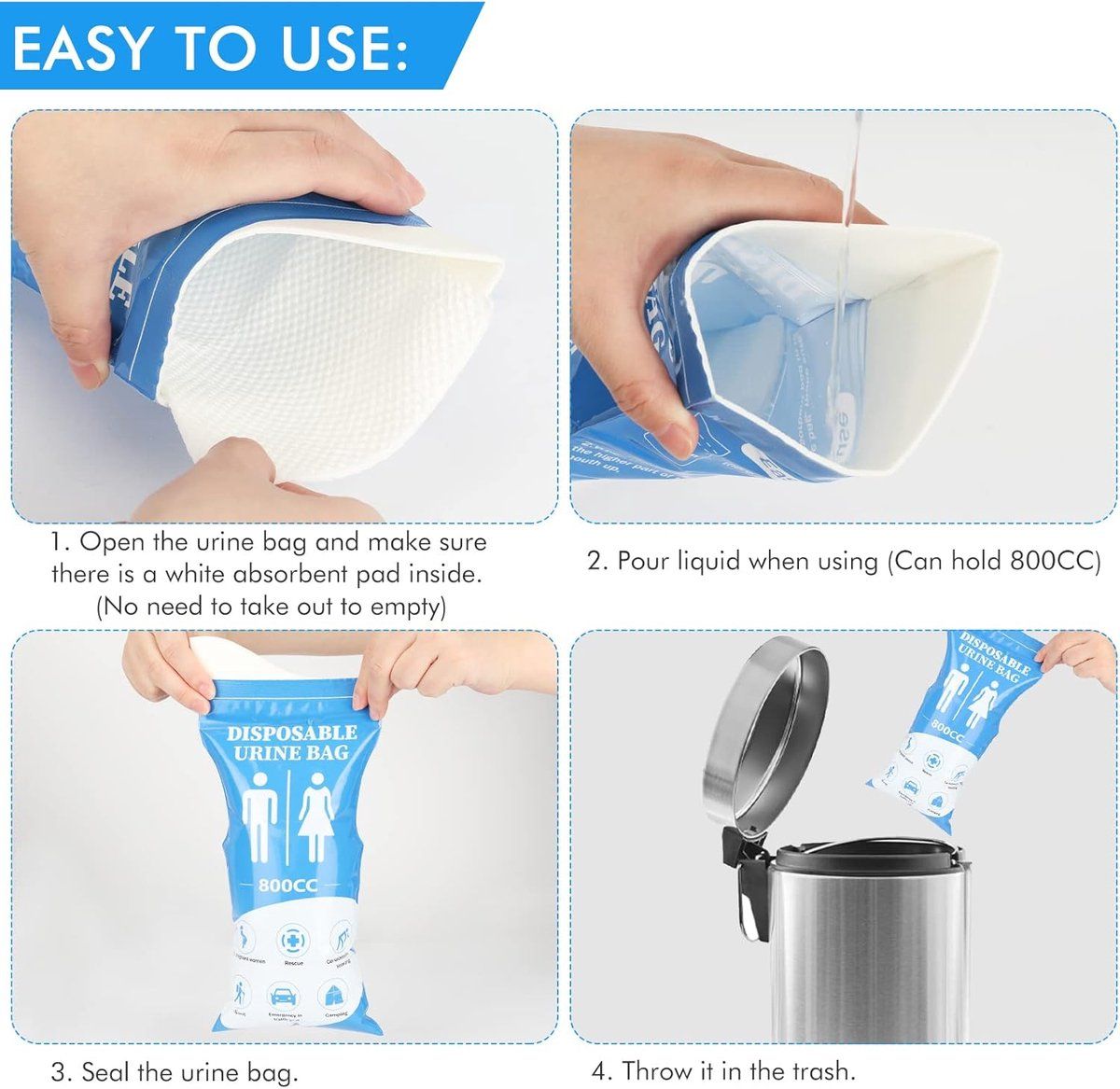 12 Pack Disposable Urine Bags 800ml Leakproof Emergency Toilet Bags Camping Travel