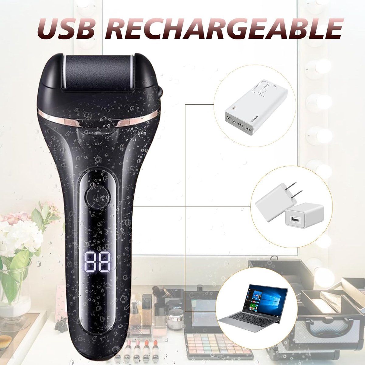 Electric foot file, With 3 roller heads, Professional foot scab remover, Rechargeable pedicure set for removing calluses on feet