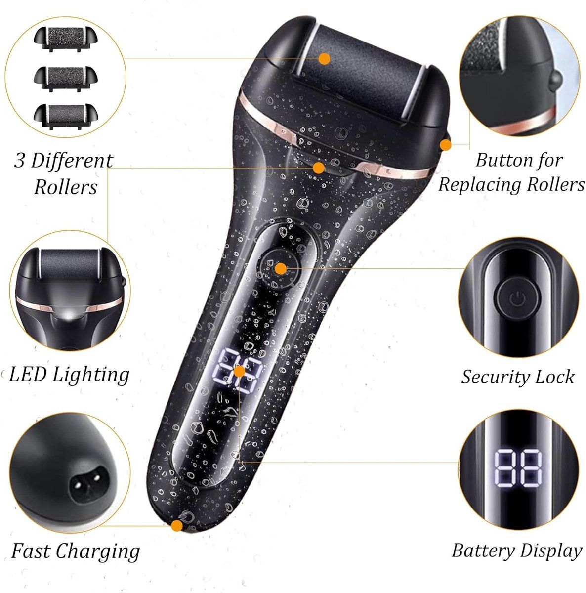 Electric foot file, With 3 roller heads, Professional foot scab remover, Rechargeable pedicure set for removing calluses on feet
