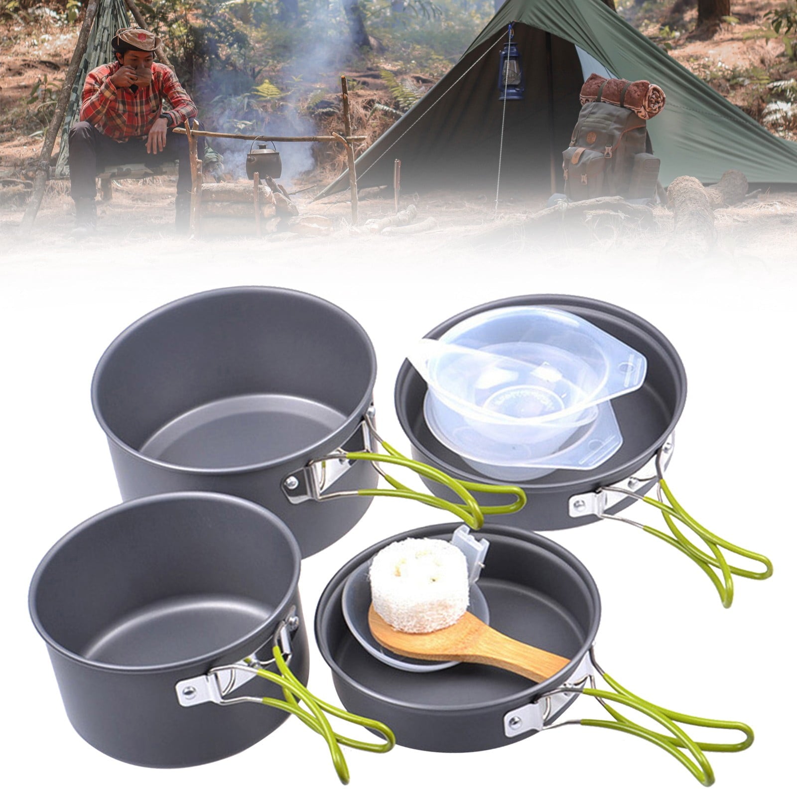 Cooking Utensils , Outdoor Camping Set Pot Cookware Picnic Pot Set Portable Alumina Heat Shielded Set Pot for 2 to 3 People As shown