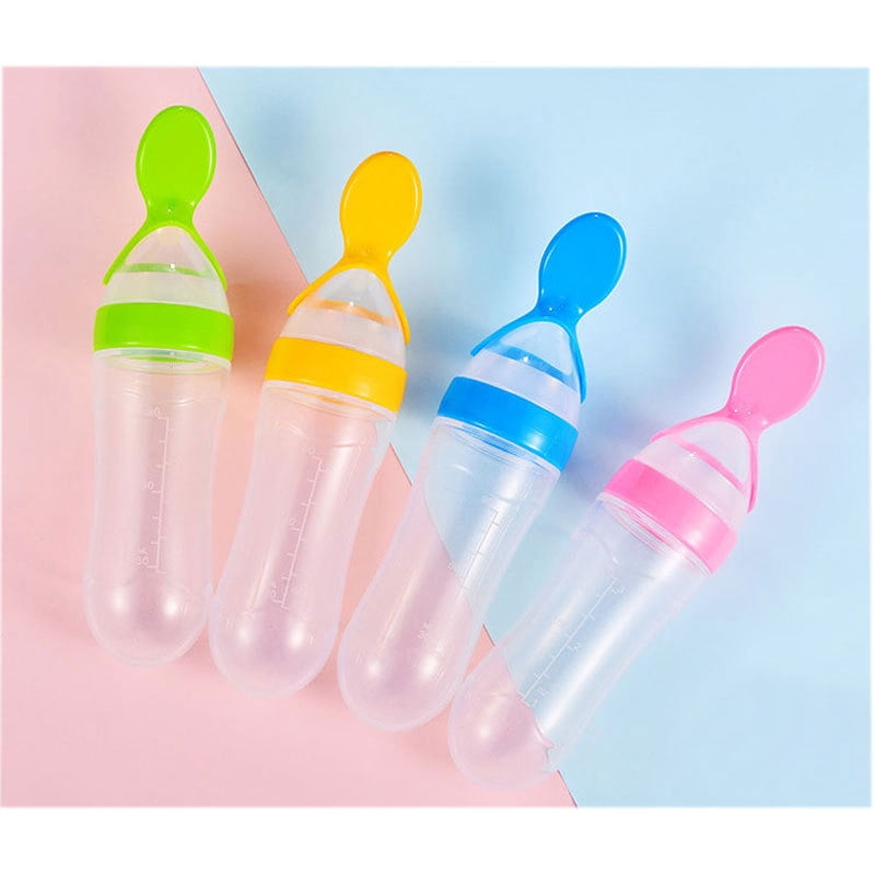 Glass and Bottle , Baby Food Feeder 4 Pack Silicone Baby Food Dispensing Spoon Wajiayon 3 Oz Feeding Spoons with Suction Cup for Boys Girl Kids Toddlers Self Feeding Bottle Spoon As shown