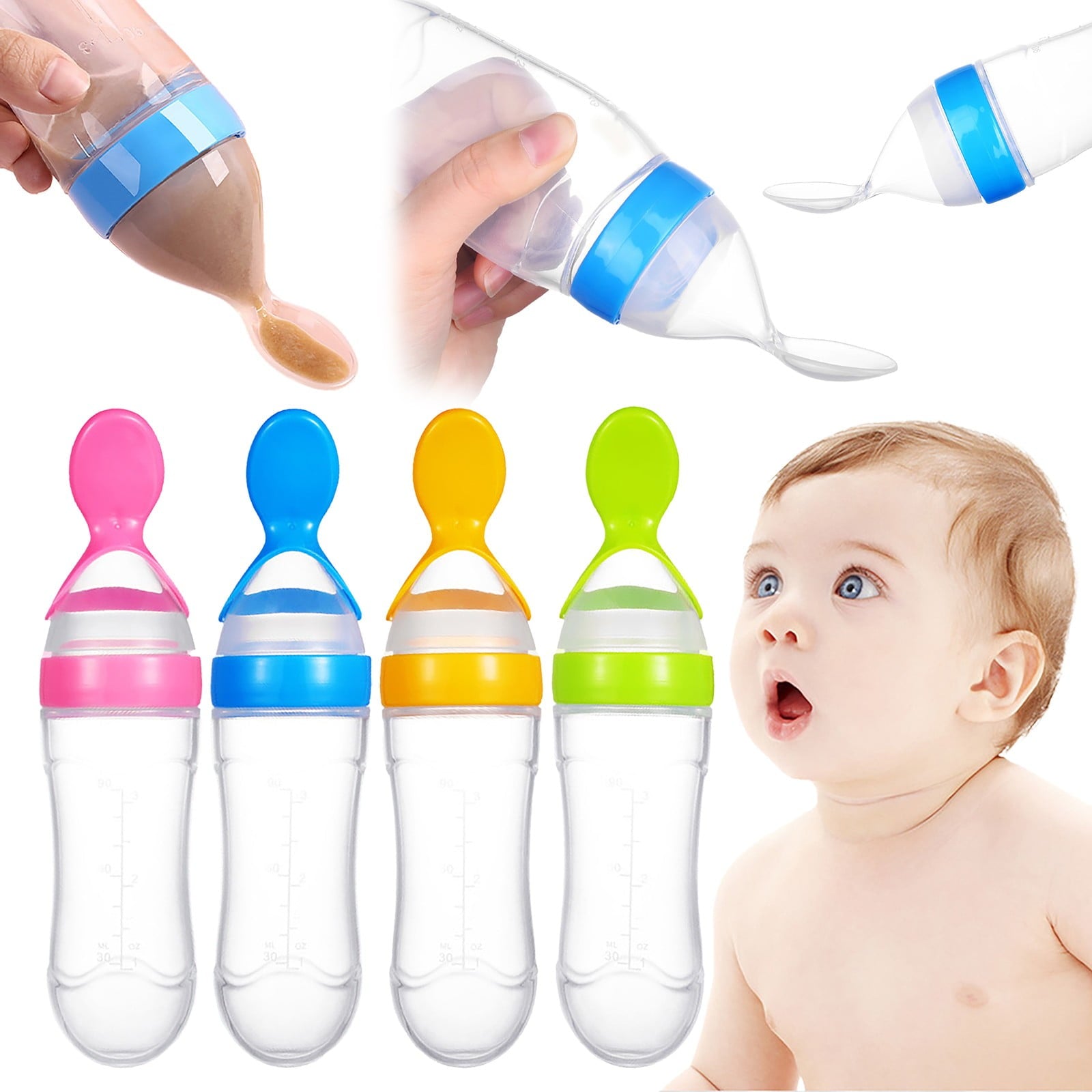 Glass and Bottle , Baby Food Feeder 4 Pack Silicone Baby Food Dispensing Spoon Wajiayon 3 Oz Feeding Spoons with Suction Cup for Boys Girl Kids Toddlers Self Feeding Bottle Spoon As shown
