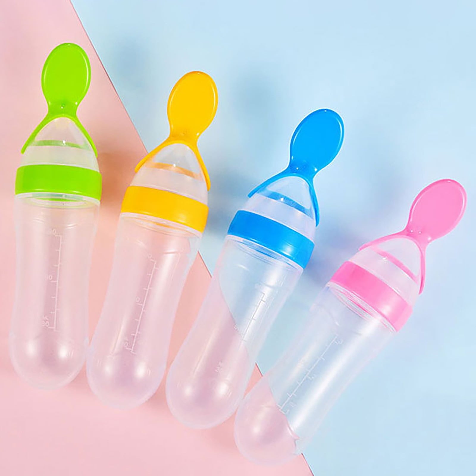 Glass and Bottle , Baby Food Feeder 4 Pack Silicone Baby Food Dispensing Spoon Wajiayon 3 Oz Feeding Spoons with Suction Cup for Boys Girl Kids Toddlers Self Feeding Bottle Spoon As shown