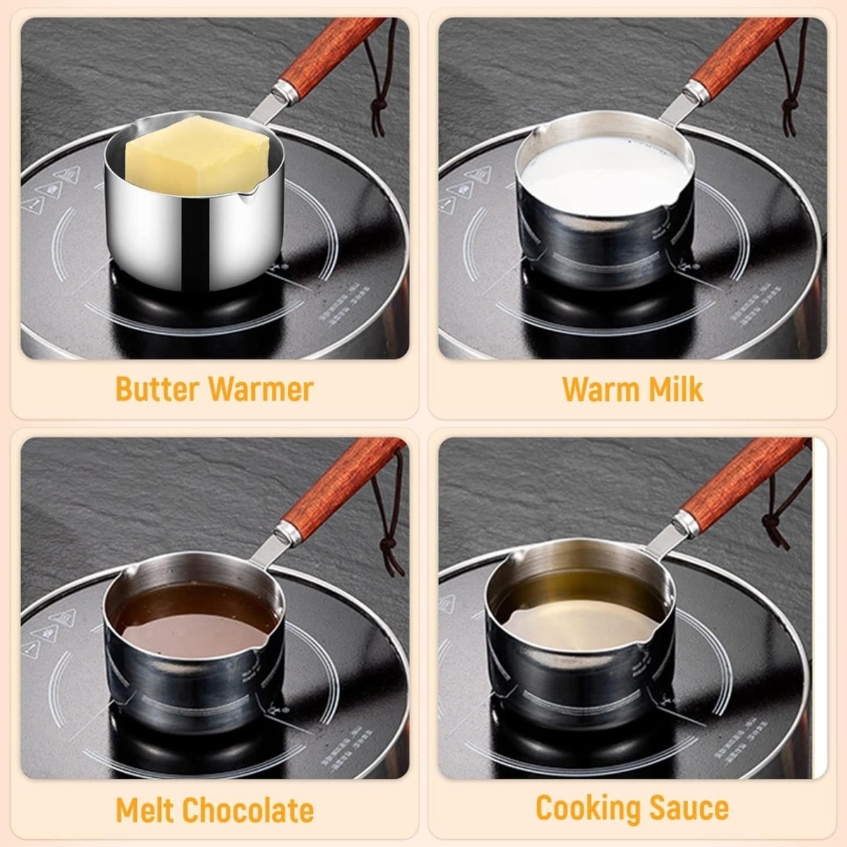 Stainless Steel Pan Mini Milk Warmer Pot Soup Pan with Wooden Handle Small Saucepan for Butter Warmer Heating Milk Cooking One Size A