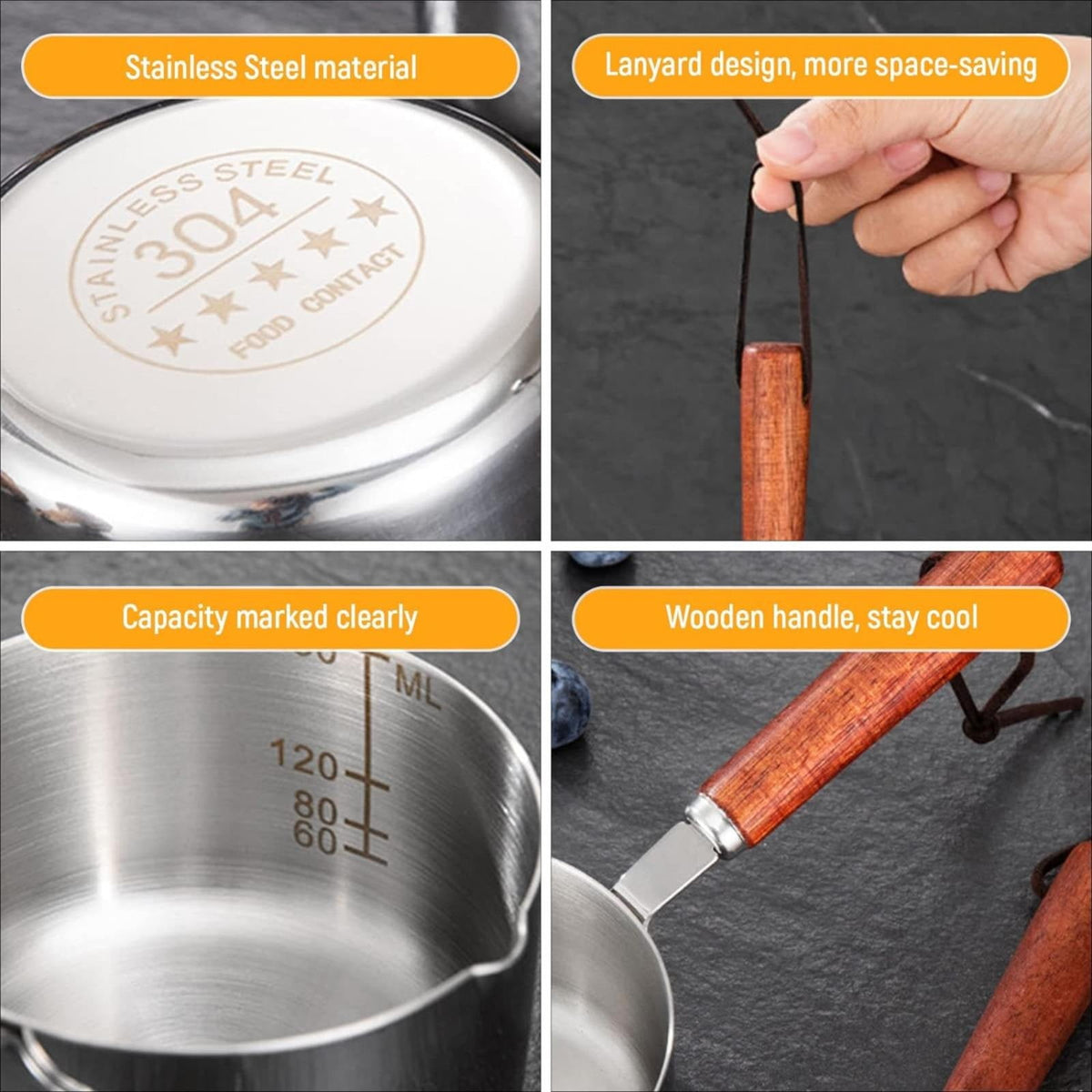 Stainless Steel Pan Mini Milk Warmer Pot Soup Pan with Wooden Handle Small Saucepan for Butter Warmer Heating Milk Cooking One Size A