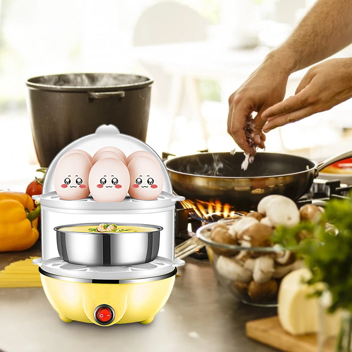 Egg Steamer ! Eggs Cooker Double Breakfast Machine Stainless Steel Multi Function Steamer, Cooking Molds Promotion Include 1*Egg Steamer Yellow